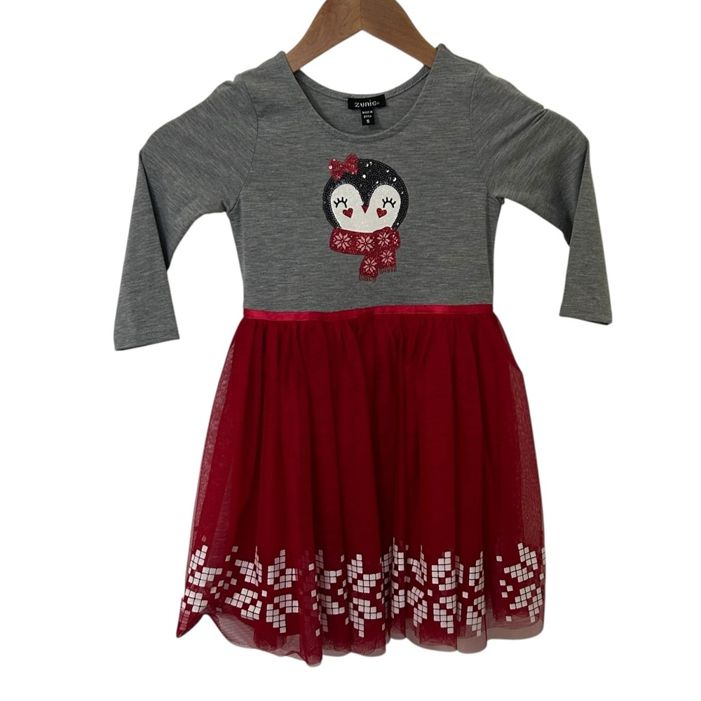 Zunie Girls Penguin Holiday Dress Gray Red Tulle Skirt Snowflake Size 5